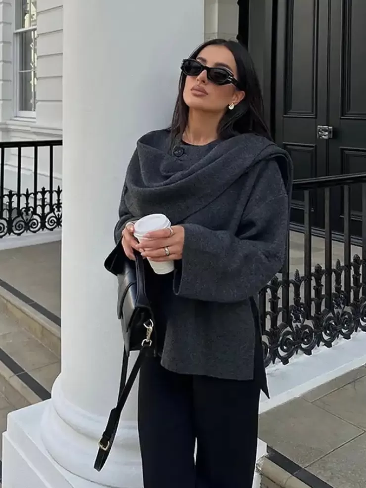 Winter Wear | Jackets And Coats^Alamode By Akanksha Essie Vintage Woolen Short Coat In Grey With Scarf